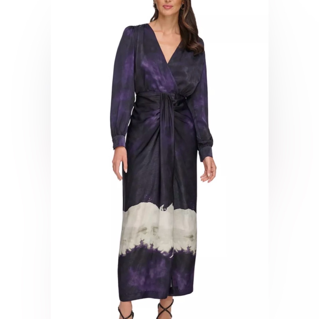 Nwt Dkny Women's Long-Sleeve Printed V-Neck Maxi Dress-Blackberry Multi-Xs